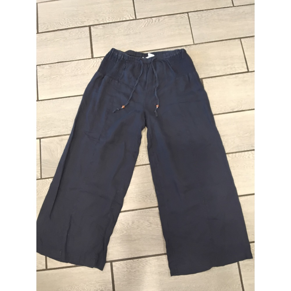 Sigrid Olsen Navy Blue 100% Linen Wide Leg Cropped Pants Medium Smocked Waist